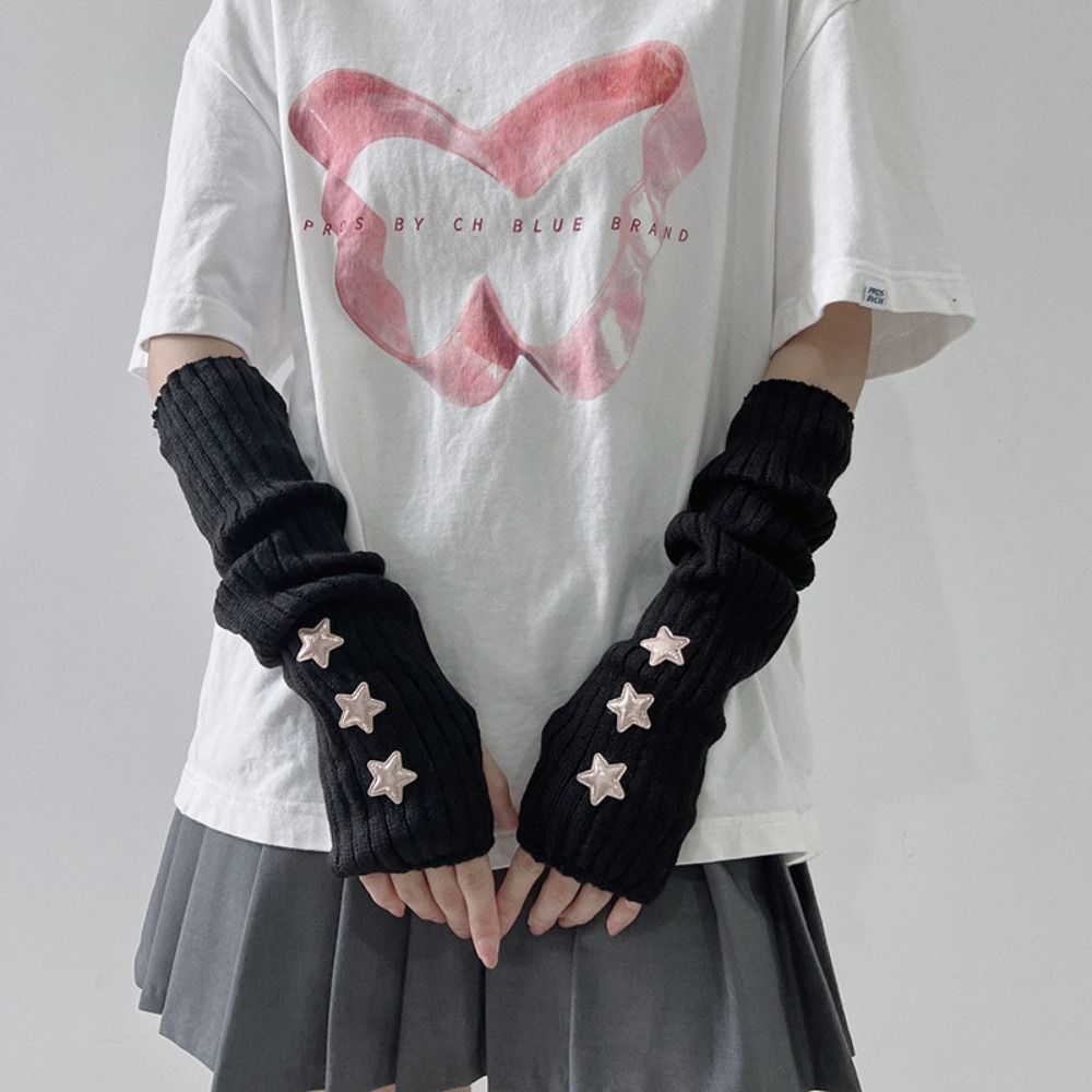 Y2k Star Knitted Gloves Gothic Wool Sleeve Cuff Punk Fingerless Gloves  Girls
