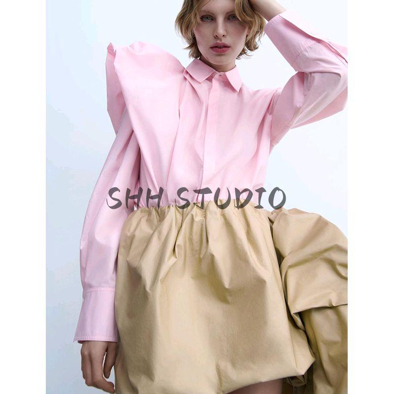 Spring New Women's Clothing Asymmetrical Design Polo Collar Long Sleeves Shoulder Fluffy Poplin Shirt 2510259