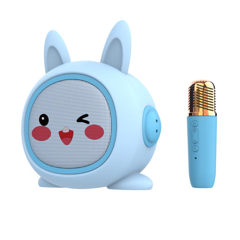 Cartoon K Song Multifunctional Desktop KTV Microphone Speaker with High-Definition Sound, Smile Face, and Cute Ears.