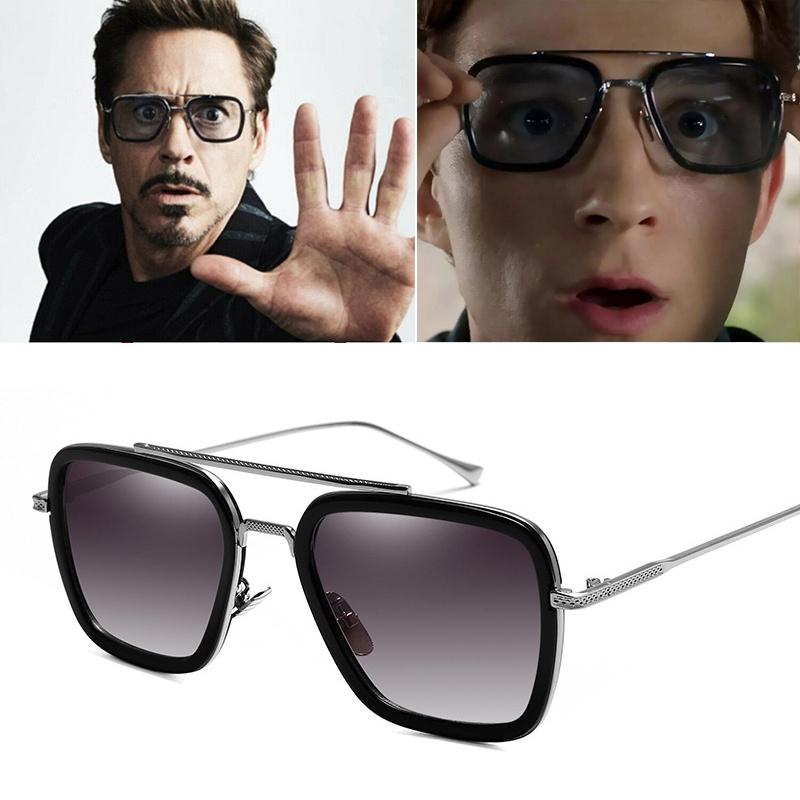 Tony Stark Sunglasses Men Square Metal Frame Vintage Style Uv400 Protection
