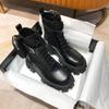 Damen Schwarze Punk Knöchel Dicksohlige Motorradstiefel Mode Schnürung Frühling Dicke Ferse Gürtelschnalle Tasche Designer Klobige Schuhe