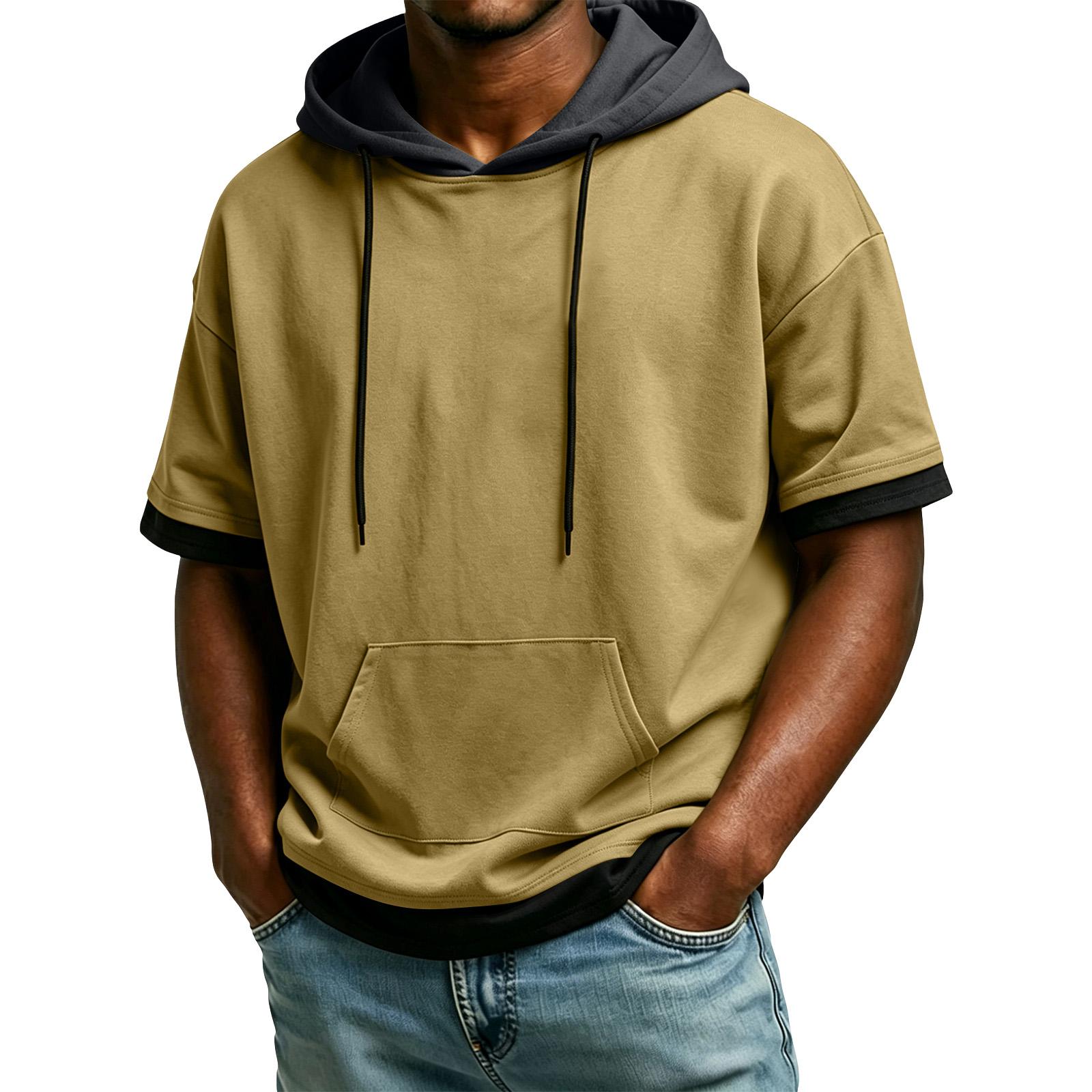 Xingben Seven Heren hoodie met korte mouwen, met zak en trekkoord, comfortabele pasvorm, casual stijl XL kaki
