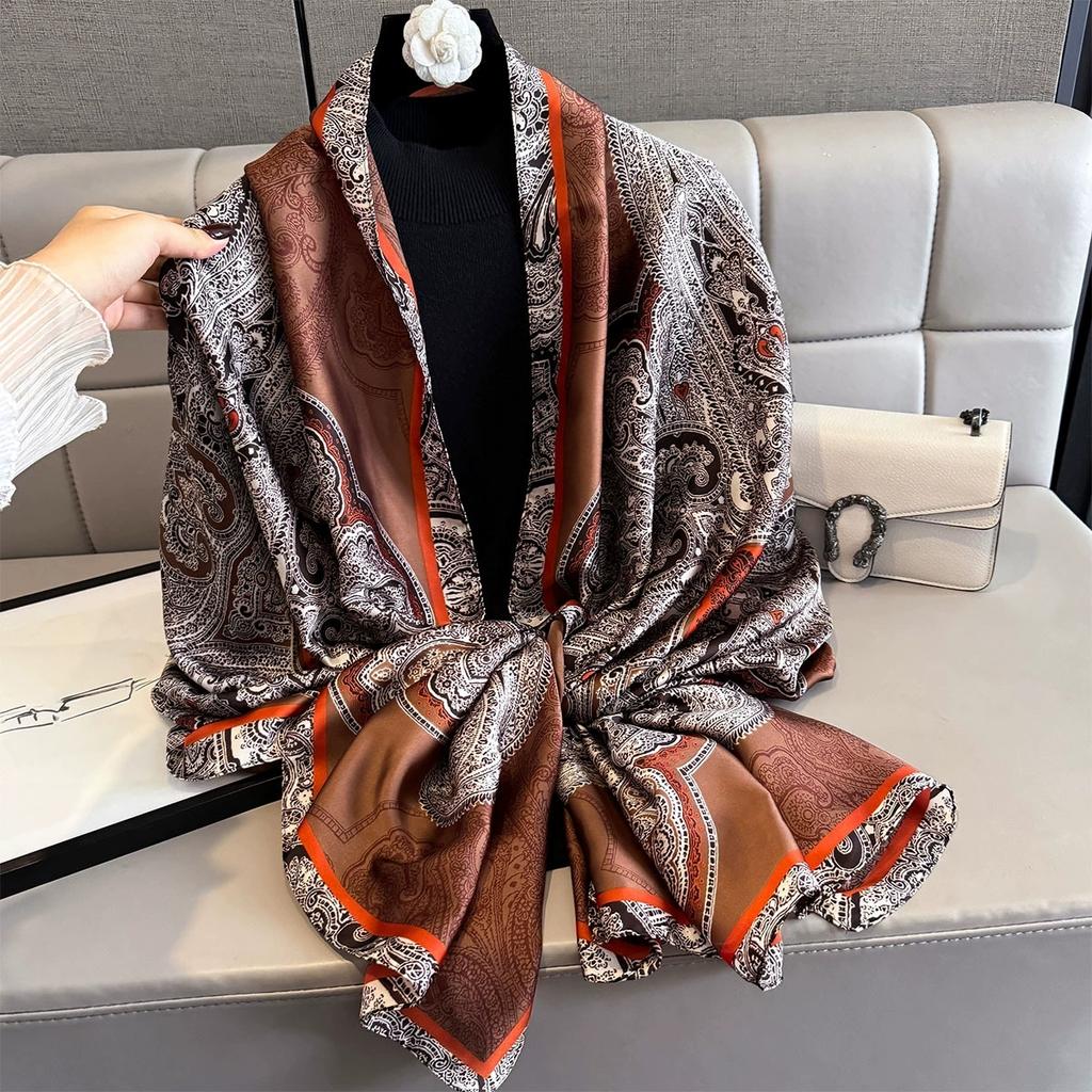 Retro 80*180 Imitation Silk Square Scarf Printed Fashion Versatile Beach Shawl Neck Scarf For Ladies