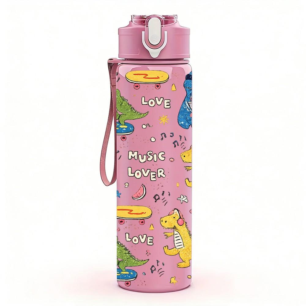 1PC Dino Doodle Hand Drawn Pattern 750ml Color Plastic Sports Water Bottle Leakproof Flip Straw Lid Suitable for Sports Office Home Use
