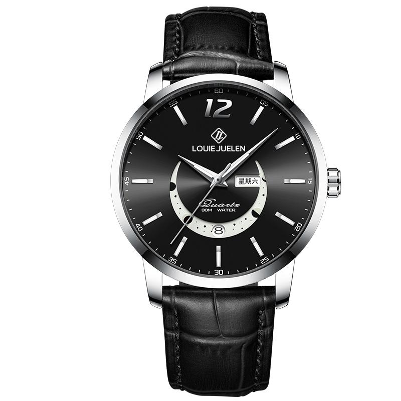 LOUIE JUELEN 9284 Neues Mondphasen-Design Edelstahl Lederarmband Herren Modeuhr Leuchtzeiger Funktion Einfaches Zifferblatt Herrenuhren