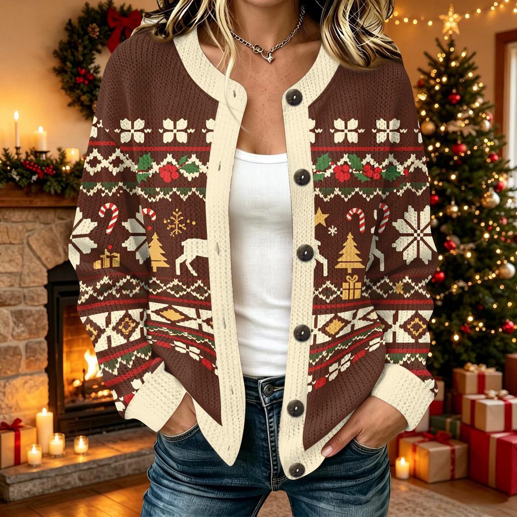 Women's Casual Christmas Print Long Sleeve Open Front Cardigan Jacket for Fall and Winter