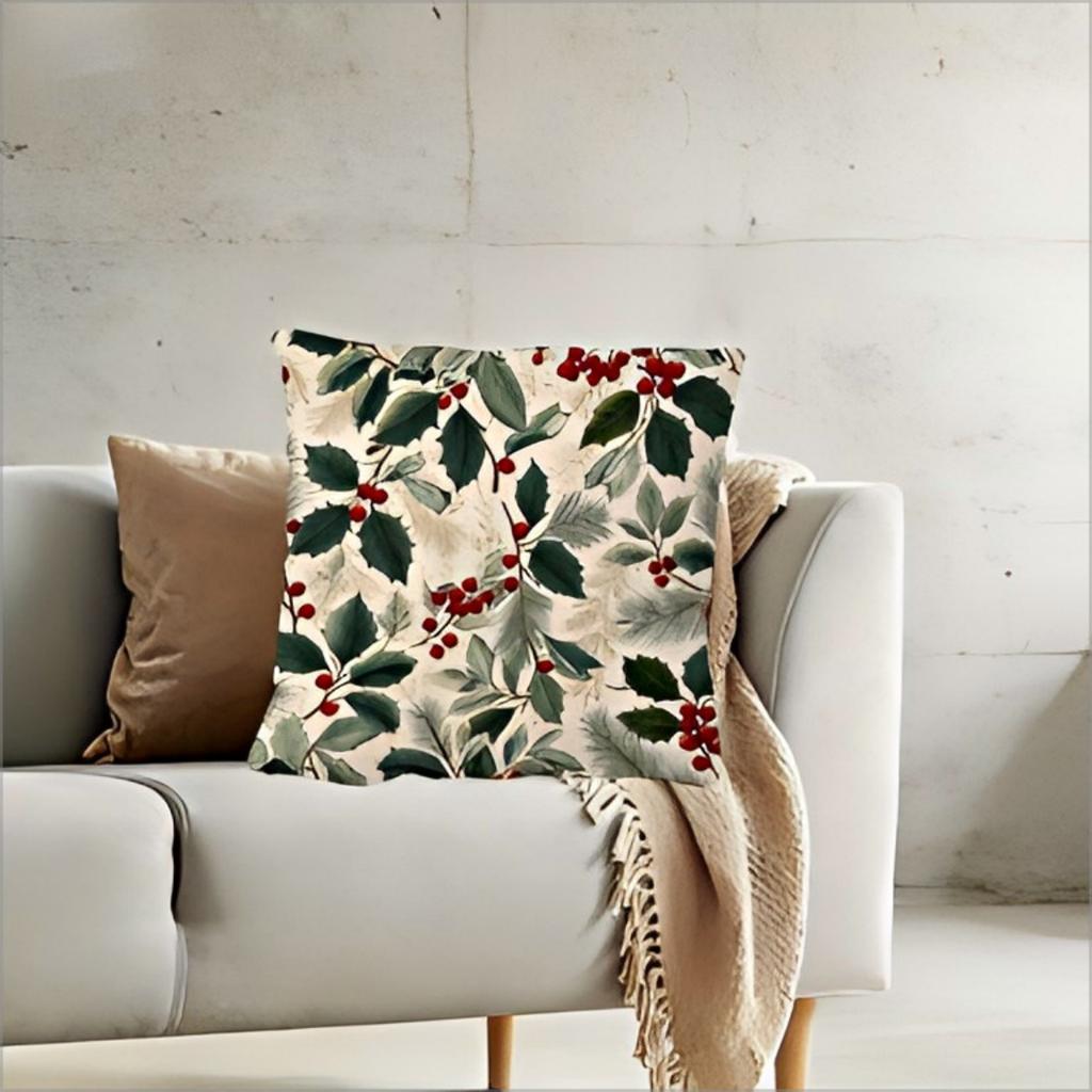 Double Sided Christmas Holly Berry Pillow Cover Vintage Green Red Leaves Print Soft Throw Pillow Case For Holiday Home Decor