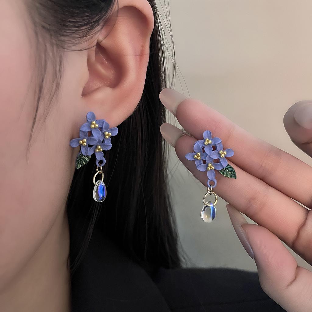 Ethnic Style Flower Earrings Embroidery Ball Blue Atmosphere Earrings Temperament Cheongsam National Style Earrings