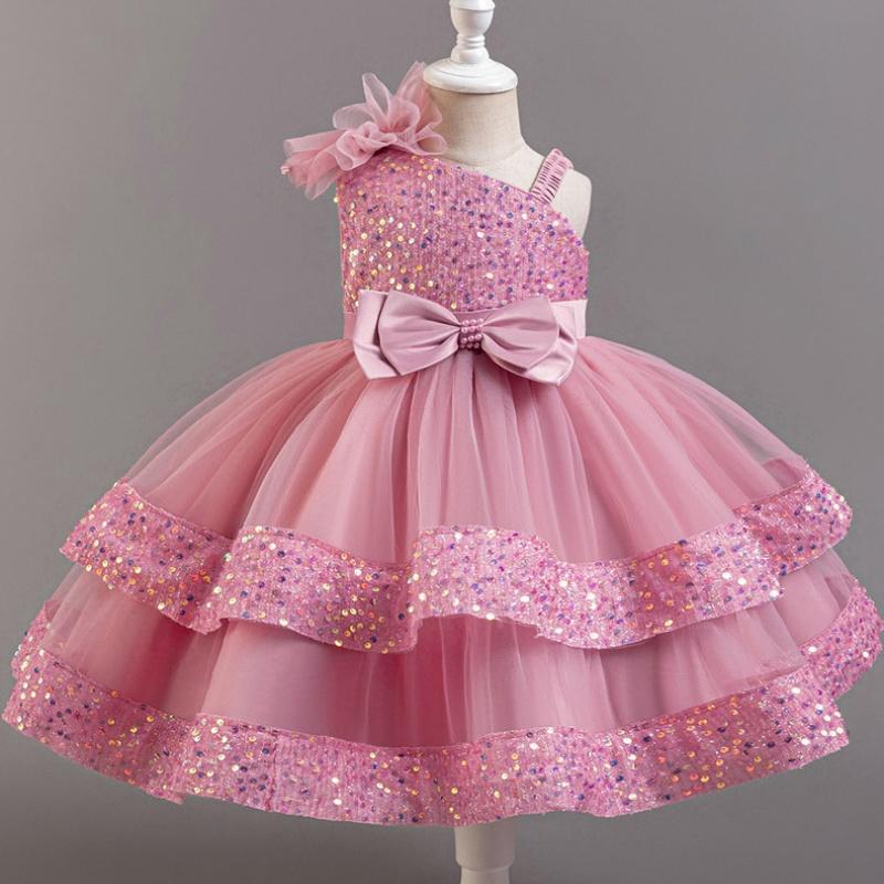 Girls Beaded Bow Tie Sequin Mesh Children's Sleeveless Evening Dress School Graduation Party Multi Layered Dress