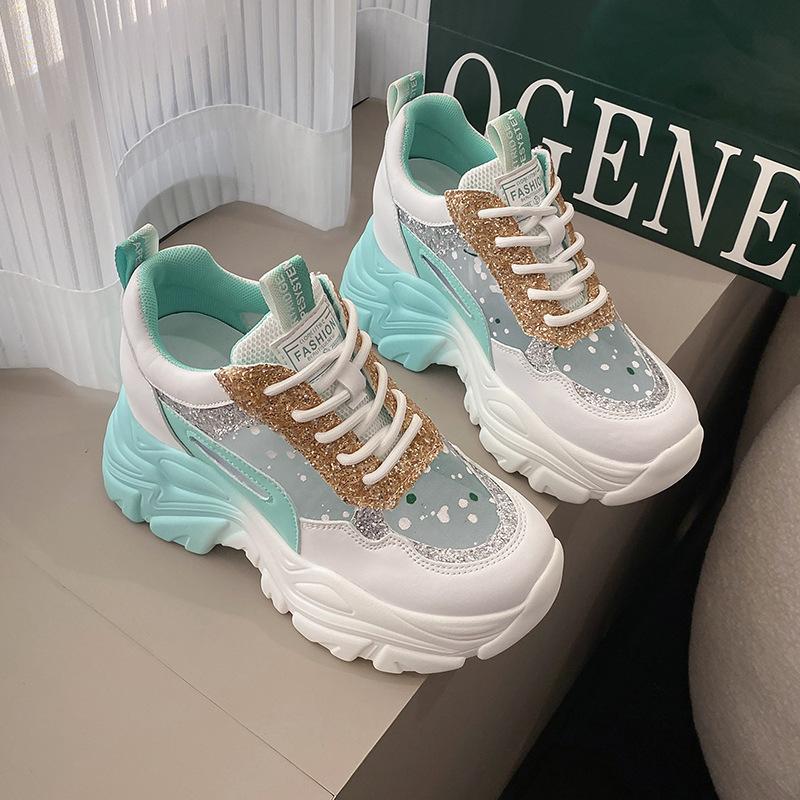Mesh summer sports style casual single shoes women's thick-soled round head lace-up fashion dad shoes