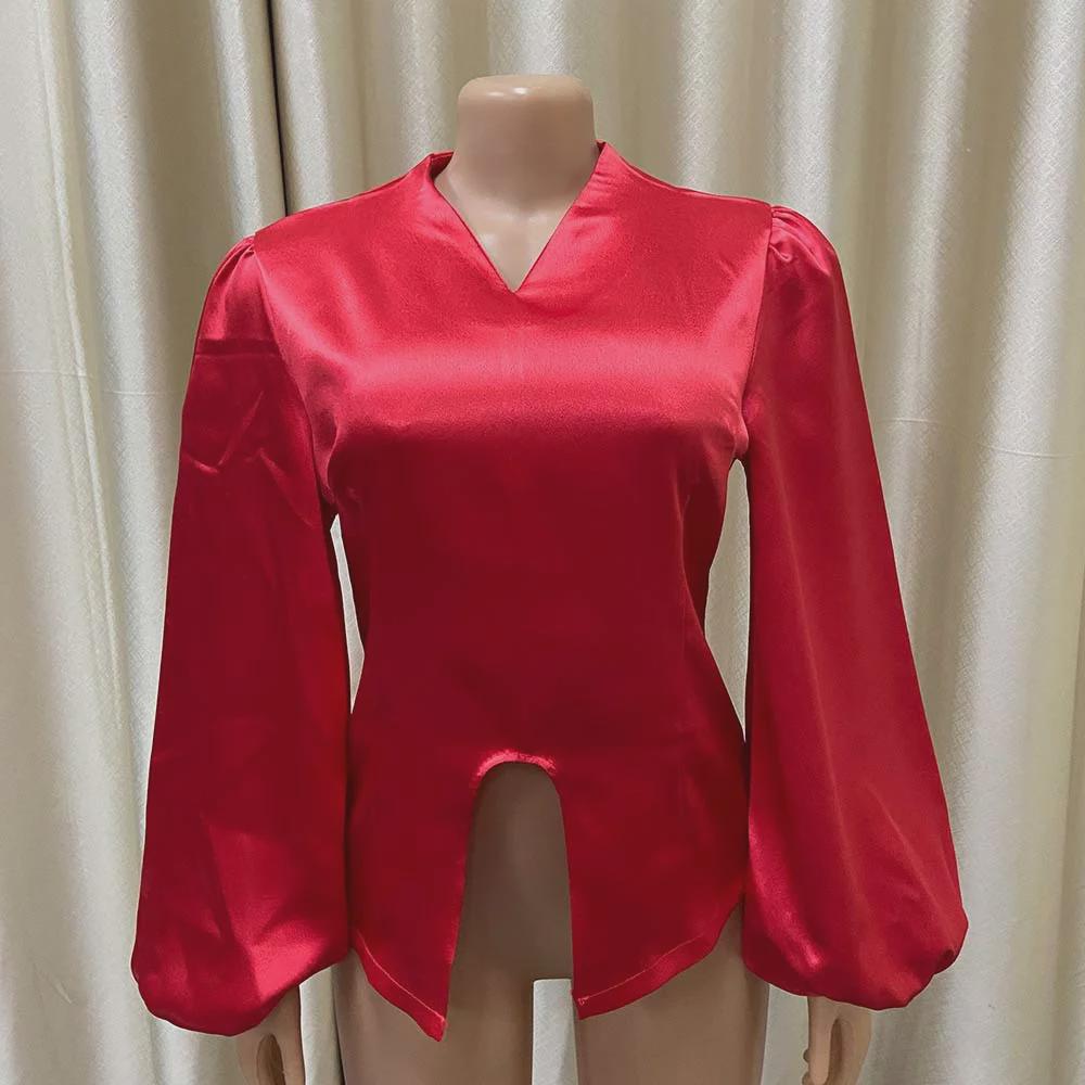 Women's Solid Color V-Neck Lantern Sleeve Blouse - Plus Size, Elegant & Versatile Style for African, European & American Fashion