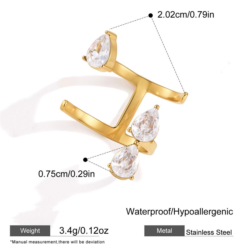 Luxury Waterdrop Zircon Hollow Opening Ring for Women Stainless Steel Gold Plated Waterproof Geometric Jewelry Rust Proof