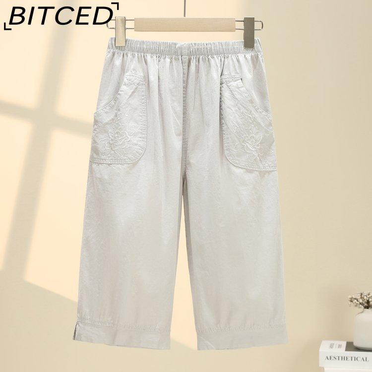 BITCED Summer Women Elastic Waist Straight Trousers Middle Age Older Women High Waist Straight Pants Washed Cotton Cropped Plus Size Pants