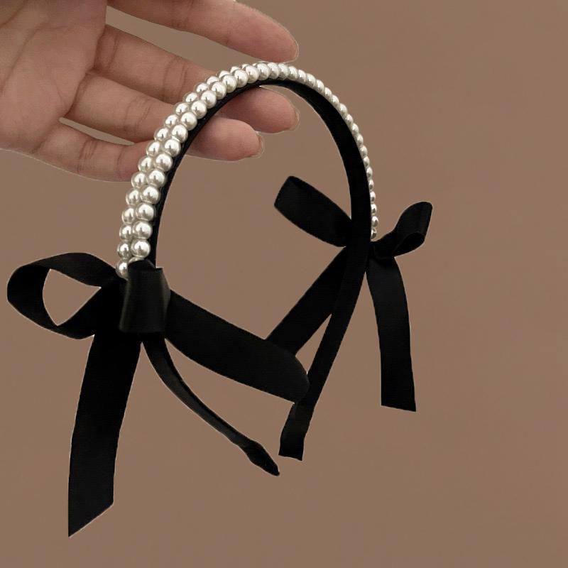 

French Pearl Bow Headband Black High End Retro Hepburn Headband for Women