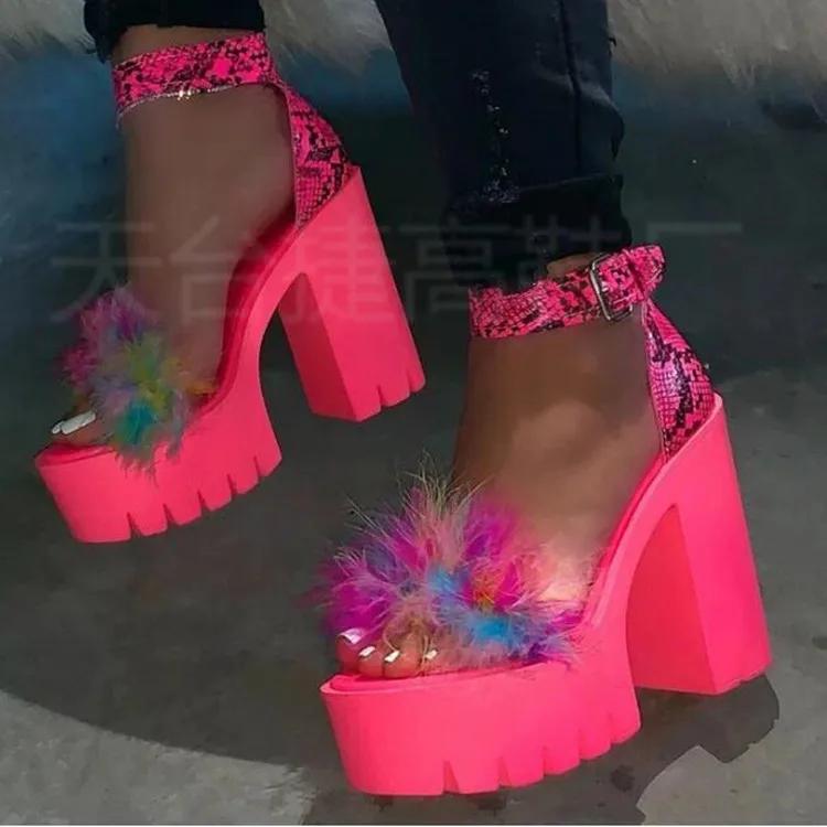 Fashion Woman Furry Sandals High Heels with Fur Female Platform Pumps Women Ankle Strap Women's Wedge Shoes 2025 Summer