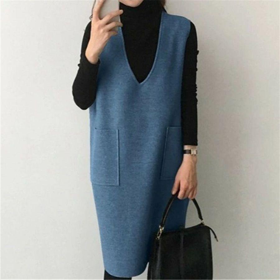 Women's Autumn and Winter Solid Color Loose Vest Skirt Solid Color V-Neck Elegant Commuter Pullover Dresses