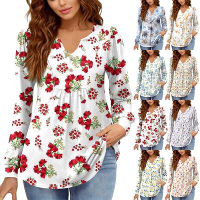 Women's Relaxed,Fit V,Neck Vintage Color,Blocked Floral Print Long,Sleeve Pullover Tee