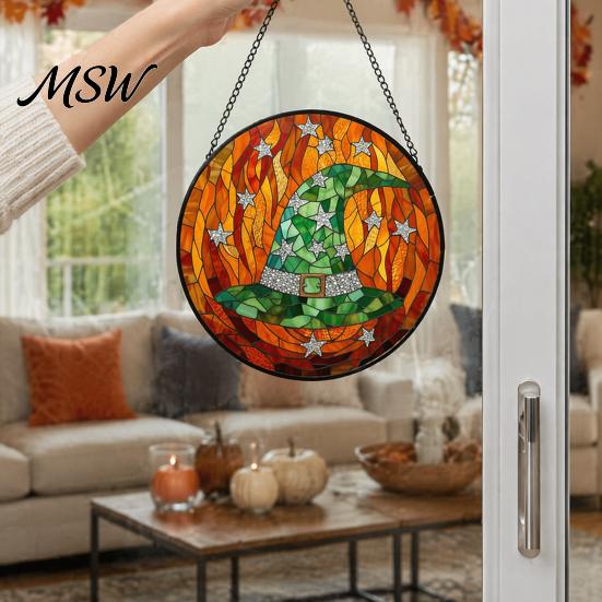 Sunproof Courtyard Decorations Halloween Stained Glass Suncatcher Ornament, Vintage Hanging Window Decor with Pumpkin Ghost Bat Witch Retro Dark Style