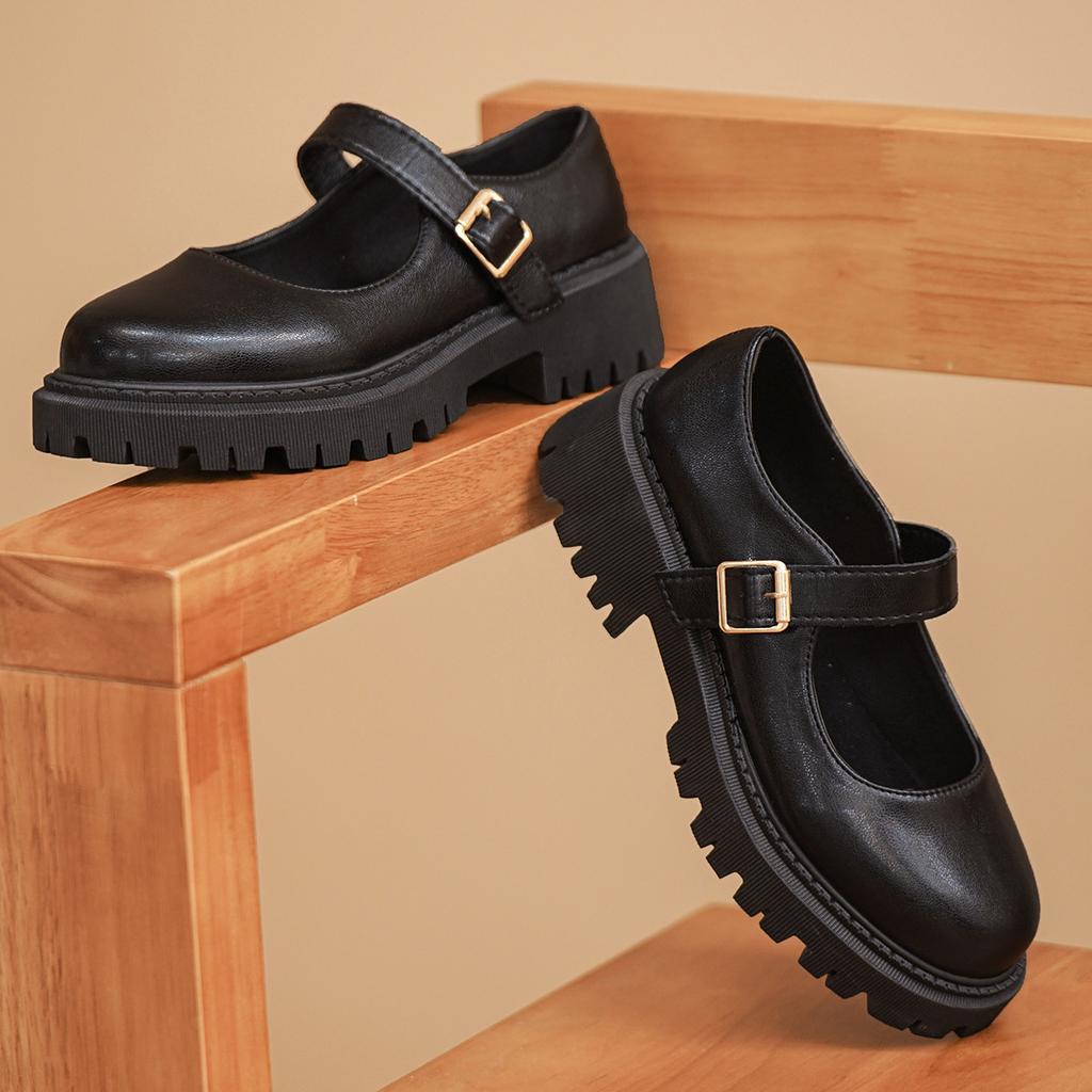 Damen neue Plateau Mary Jane Britischer Stil kleine Lederschuhe schwarz Retro Mode Einzelschuhe Damenschuhe