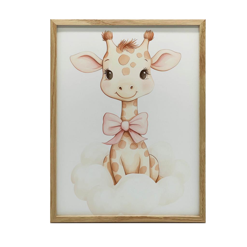 Plakat Mała Żyrafa Na Chmurce Plakat Mała Żyrafa Na Chmurce, 30X40 Cm, Rama Drewniana Jasny Dąb, Papier Matowy 230 Gsm