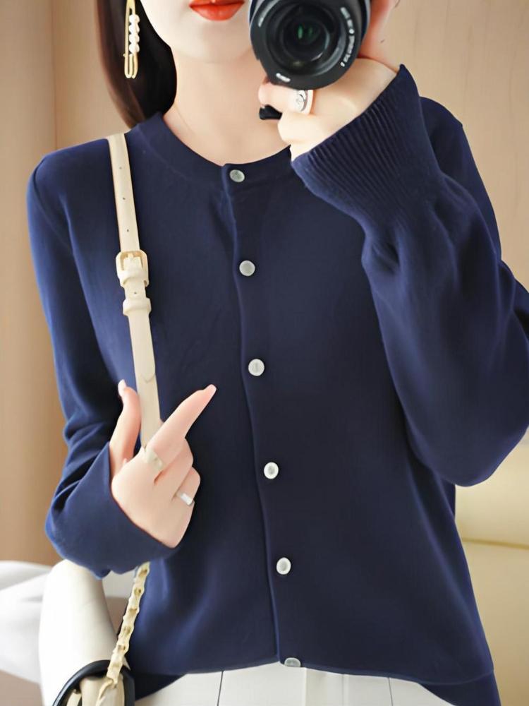 Knitted cardigan, round neck sweater, women's long-sleeved solid color all-match jacket, women's clothing