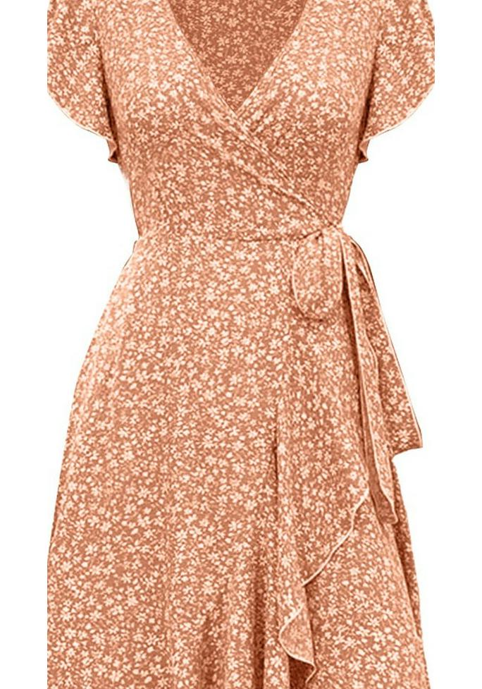 Bohemian Floral V-Neck Short Sleeve Wrap Dress with Belt