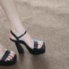 Black High-heeled Shoes, Women's Thick-soled One-word Buckle Belt, Waterproof Table Shows Long Legs, Open-toed Sandals, Thick Heels Are Not Tired.