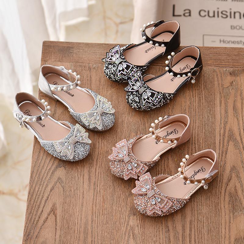 Sandalias de verano para niñas, zapatos de princesa con lazo de diamantes de imitación y lentejuelas a la moda, zapatos para niñas, Sandalias de tacón plano, talla 21-35