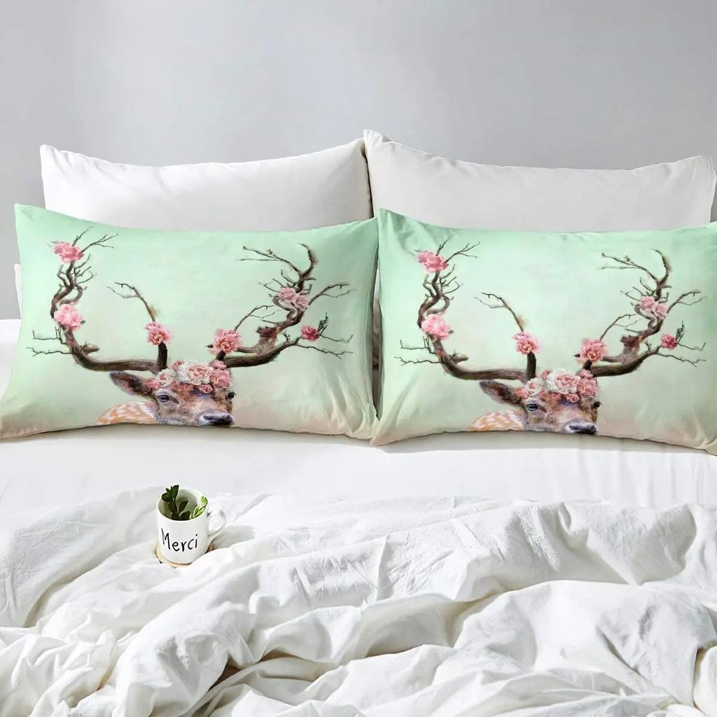 Deer Fitted Sheet Elk Antlers Cherry Blossom Branches Bedding Set Wildlife Animals Top Sheet for Boys Girls Home Room Decoration