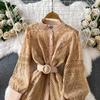 Autumn Elegant Lantern Sleeve Mesh Lace Patchwork Midi Dress for Women Vintage Flower Embroidery Single-breasted Party Dresses with Belt