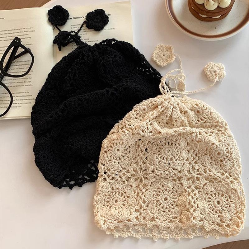Retro Versatile Hook Flower Hat Japanese Hand-knitted Hollow Head Hat Women's Face Small Flowers Knitted Pile Hat