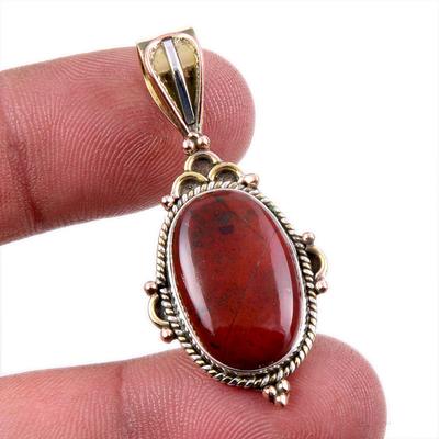 Natural Red Jasper Gemstone 925 Solid Sterling Silver Two Tone Pendant 1.5" O0I13