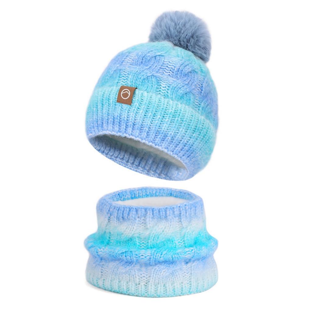 Women's Fashion Contrasting Color Wool Hat And Scarf Two-piece Set: Winter Gradient Pom-pom Knitted Hat, Warm Scarf And Hat Set