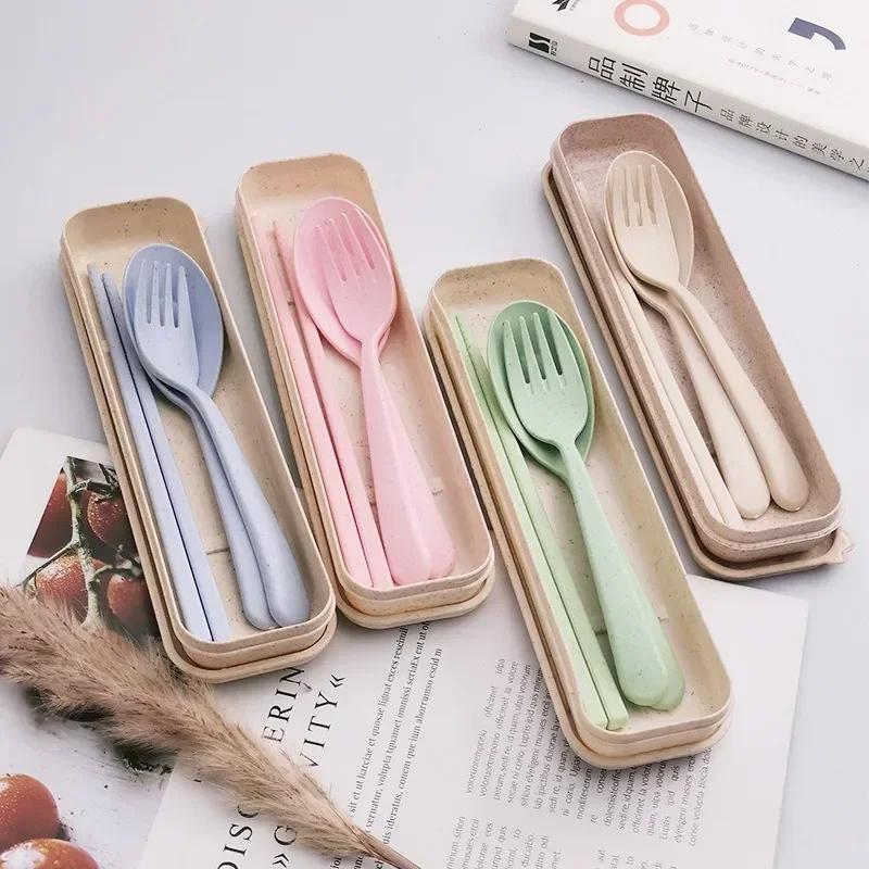 Tableware Set - Spoon, Chopstick, Fork with Storage Case and Goodie Bag, Children Day Gift, Wheat Straw