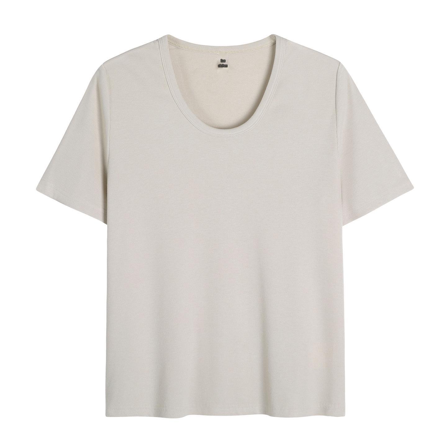 

Women s Plus Size U-Neck Elastic T-Shirt - Loose Fit Slimming Style, New Fashion 66123 5XL (200-220 lbs) хаки