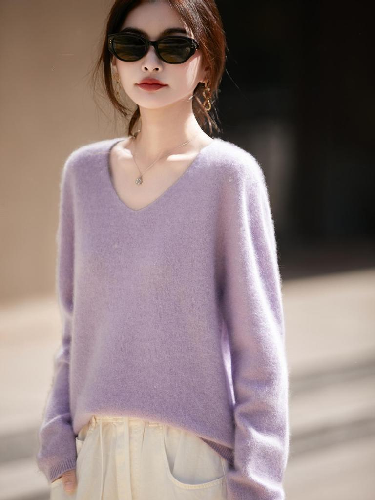 Women's V-neck Cashmere Wool Blend Long Sleeve Knit Pullover Sweater