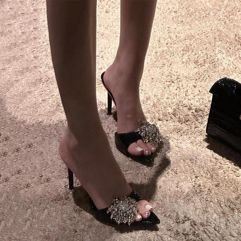 2025 new open-toed pointed rhinestone flower patent leather one-word drag female summer sexy wear black stiletto high heels