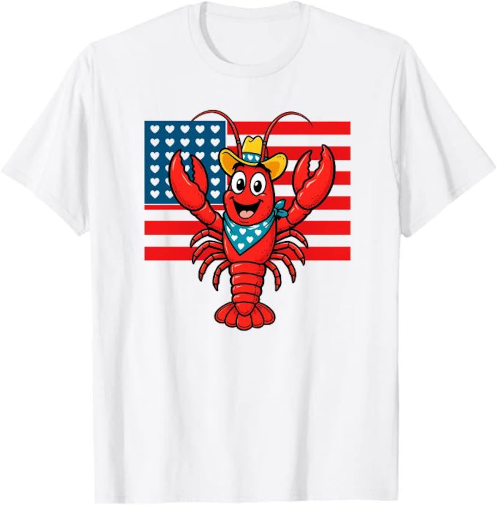 Cute Cowboy Lobster American Flag Hearts T-Shirt, patriotic lobster lover Gift, funny USA seafood western, Yeehaw Lobster Cowboy T-Shirt L