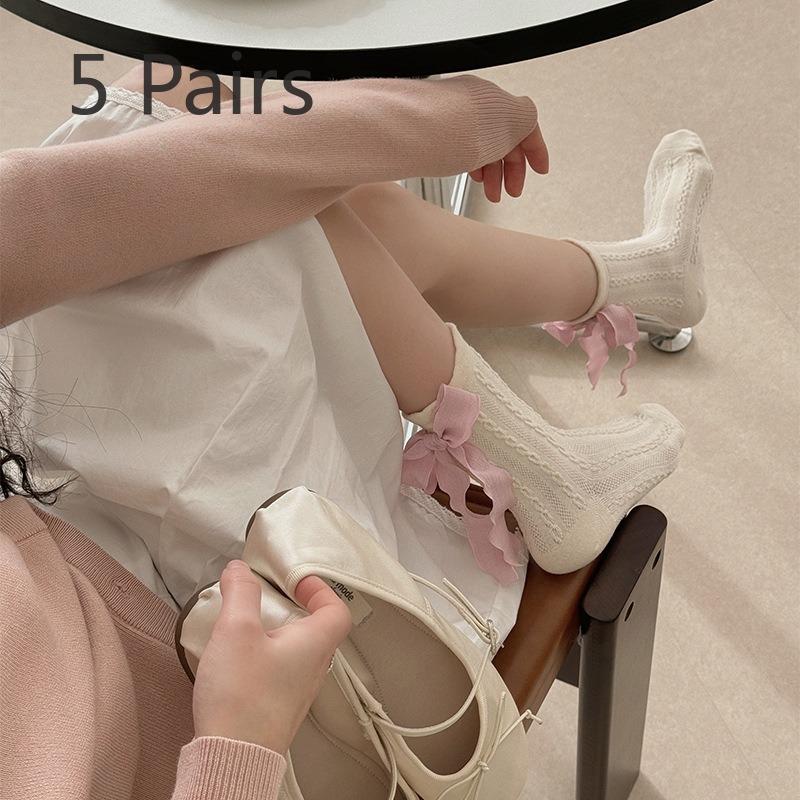 5 Pairs of Women's Spring Thin Breathable Heel Tie Bow Pile Socks
