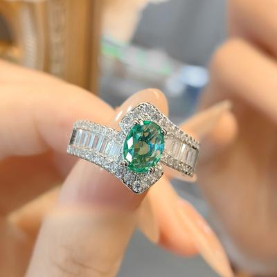 Vintage High-End Artificial Cultivation Paraiba Ring Female Light Luxury Pigeon Egg Emerald Tourmaline Diamond Ring