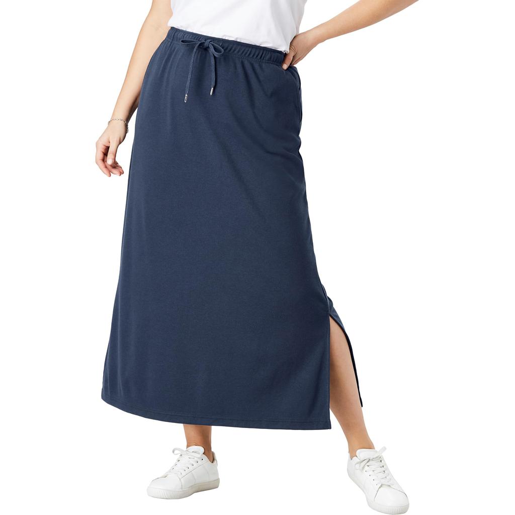 Womens Casual Maxi Skirts High Waist Trendy Drawstring Side Slit Skirts With Pockets