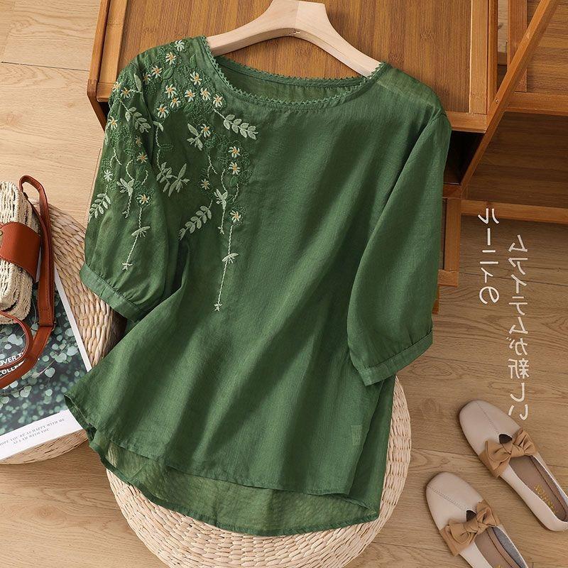 Women's Linen Floral Embroidery Blouse Loose 3/4 Sleeve Lace Trim Casual Top