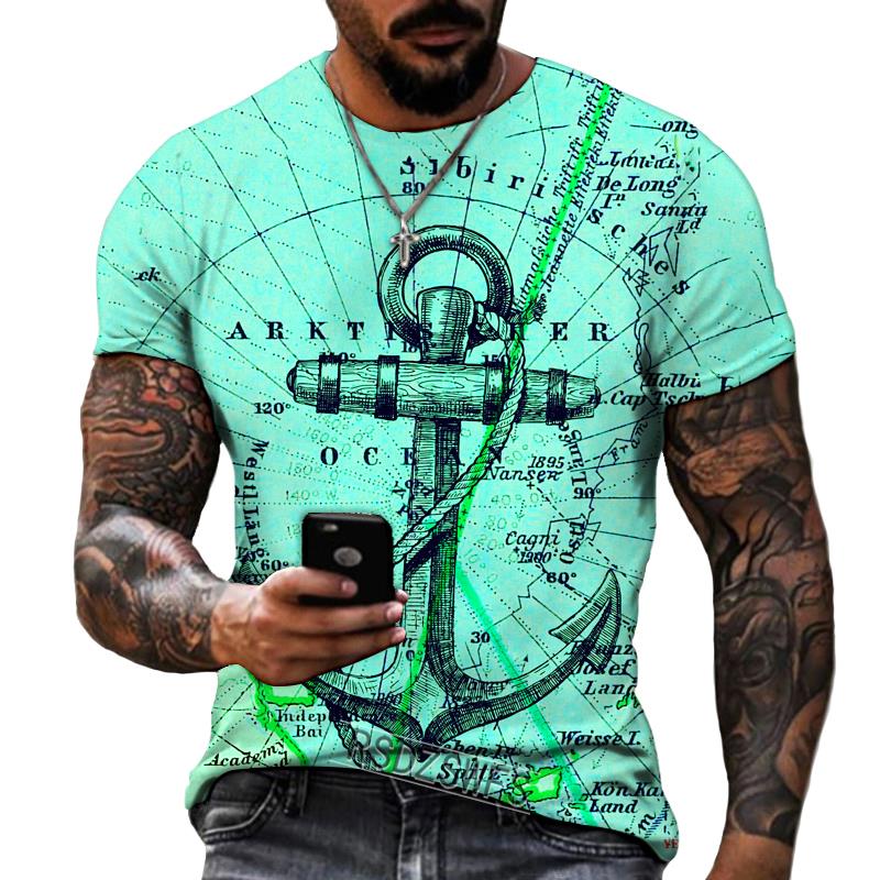 Summer Round Neck 3D Anchor Pattern Print Top Fashionable Casual Short Sleeved Men's T-shirts