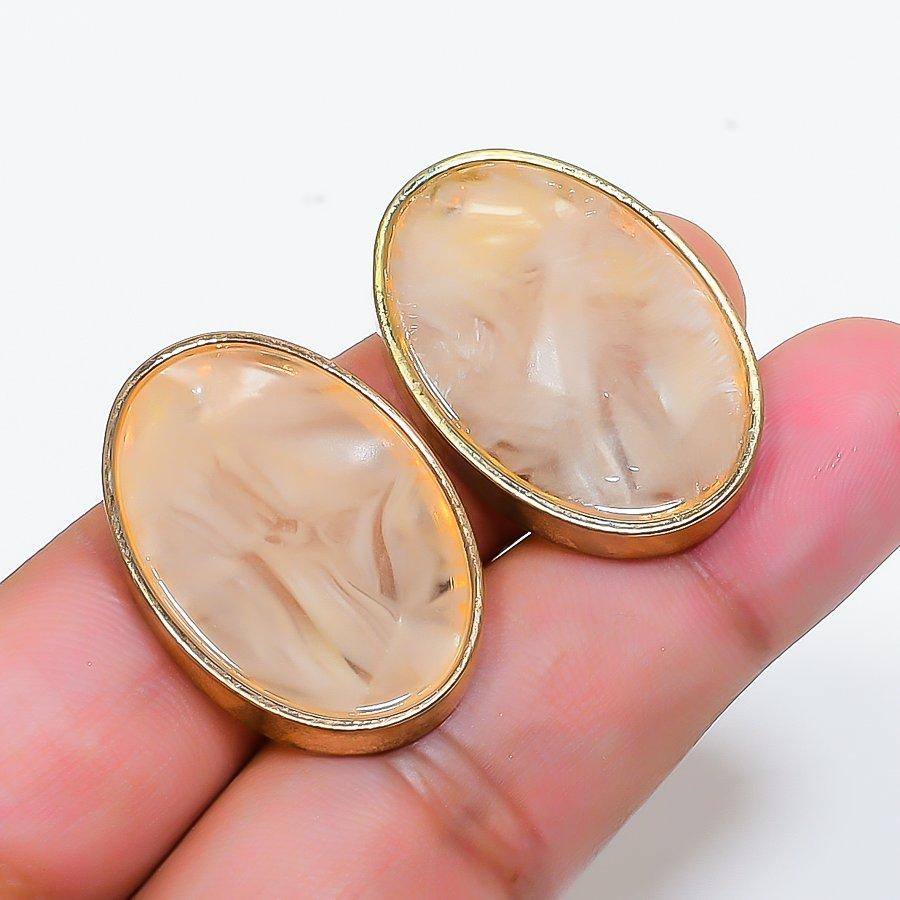 Natural Dendrite Opal Gemstone Brass Jewelry Earring 1.18  RE-210