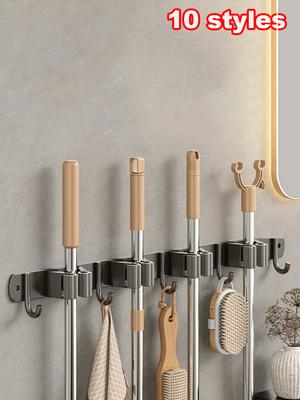 Stainless Steel Mop Broom Holder Hooks Bathroom Tools Storage Adhesive Wall Mount 5 Racks and 4 Hooks Organizer Mop Stand Rack