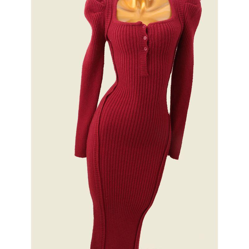 French Style Puff Sleeve Square Collar Long Dress Autumn and Winter New Bejirog Slim Fit Knit Sweater Slim Fit Warm Dress