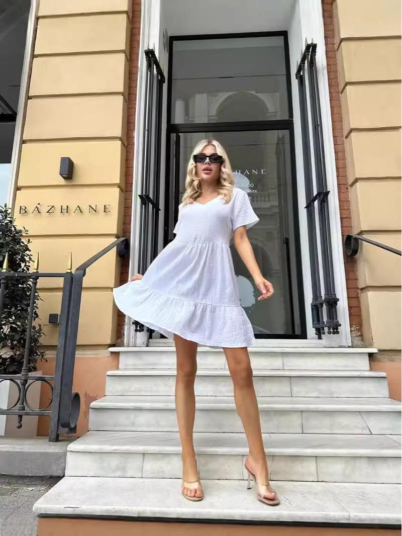 Summer 2024 Women s European & American V-Neck Casual Short Sleeve Flowy Dress Extra Large