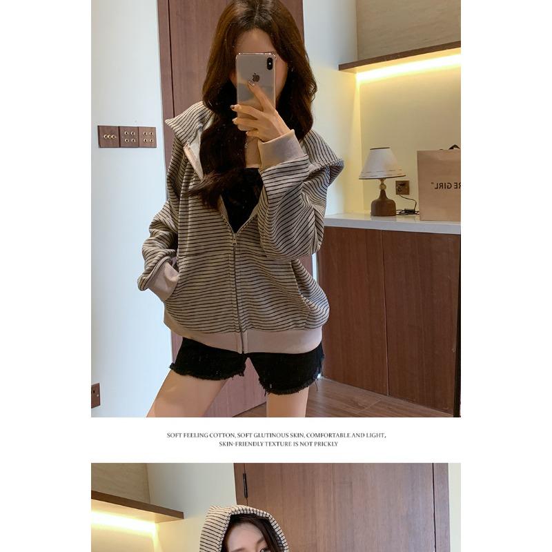 Women S Striped Zip Up Loose Fit Hooded Sweatshirt