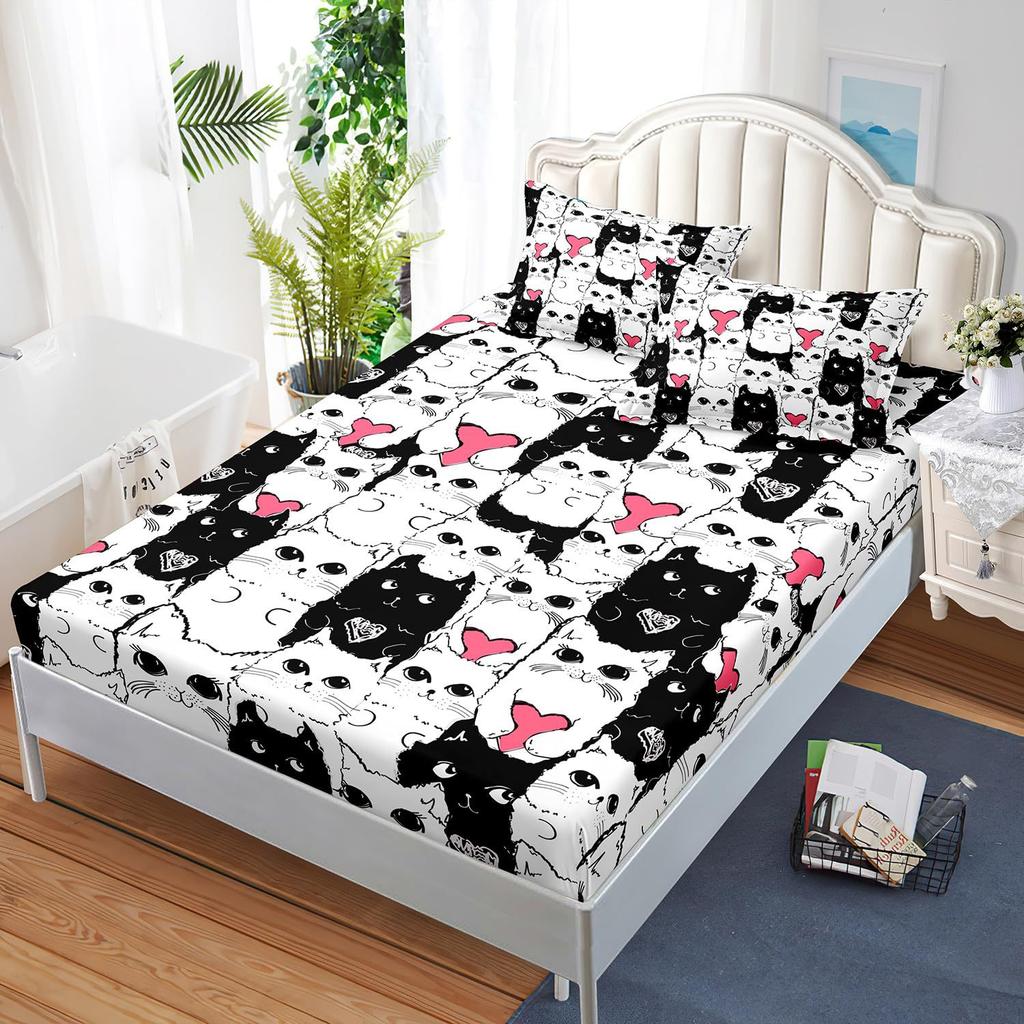 Cute Cat Pattern Mattress Three-Piece Digital Printing Mattress Bedding Set Adult Children