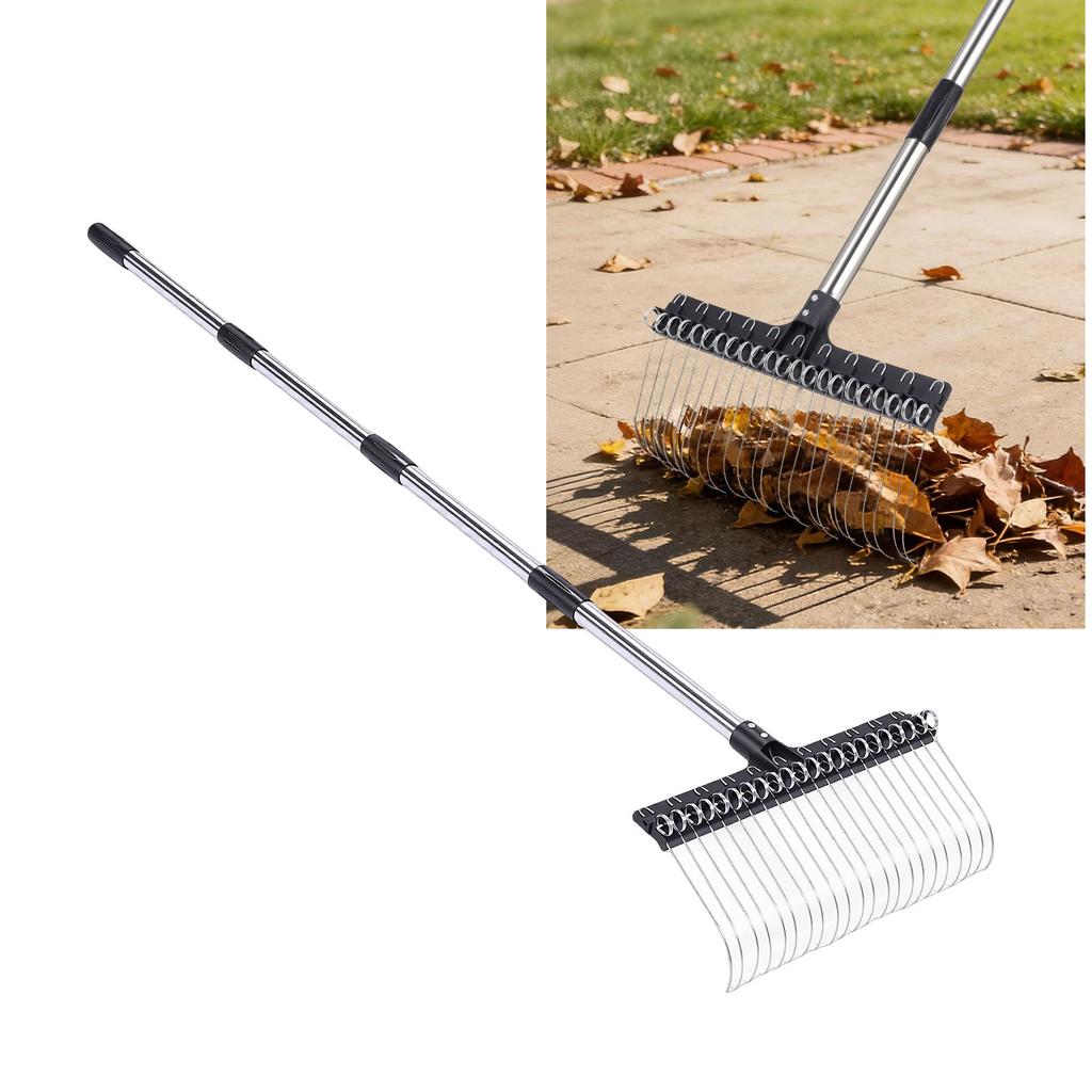 Laubrechen 22 Zinken 16,3 Zoll Breit Stahl Draht Gartenrechen mit 5,2FT Griff für Rasen Garten Mulch Rasenfilz